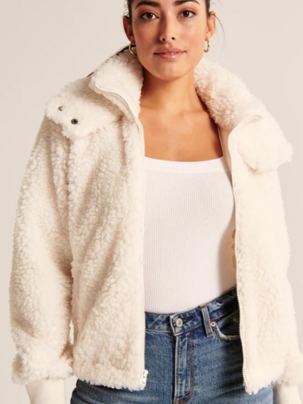 Abercrombie & Fitch Cream Sherpa Zip Jacket
